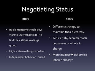 Negotiating Status
BOYS
• By elementary schools boys
start to use verbal skills ; to
find their status in a large
group
• High status males give orders
• Independent behavior: prized
GIRLS
• Different strategy to
maintain their hierarchy
• Girls talk/ secrets/ reach
consensus of who is in
charge
• More indirect otherwise
labeled “bossy”
 