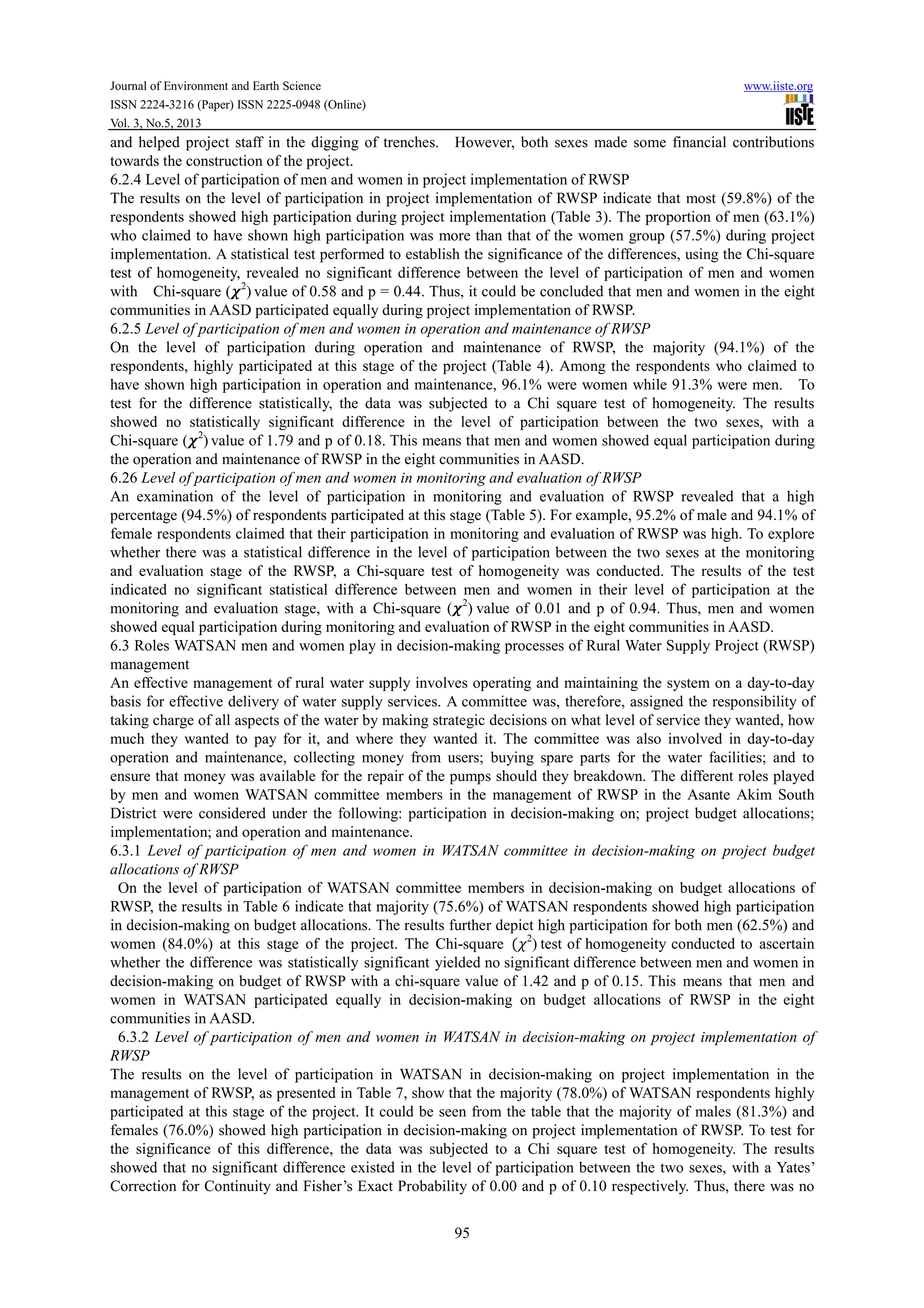 Journal of Environment and Earth Science www.iiste.org
ISSN 2224-3216 (Paper) ISSN 2225-0948 (Online)
Vol. 3, No.5, 2013
95
and helped project staff in the digging of trenches. However, both sexes made some financial contributions
towards the construction of the project.
6.2.4 Level of participation of men and women in project implementation of RWSP
The results on the level of participation in project implementation of RWSP indicate that most (59.8%) of the
respondents showed high participation during project implementation (Table 3). The proportion of men (63.1%)
who claimed to have shown high participation was more than that of the women group (57.5%) during project
implementation. A statistical test performed to establish the significance of the differences, using the Chi-square
test of homogeneity, revealed no significant difference between the level of participation of men and women
with Chi-square ( 2
) value of 0.58 and p = 0.44. Thus, it could be concluded that men and women in the eight
communities in AASD participated equally during project implementation of RWSP.
6.2.5 Level of participation of men and women in operation and maintenance of RWSP
On the level of participation during operation and maintenance of RWSP, the majority (94.1%) of the
respondents, highly participated at this stage of the project (Table 4). Among the respondents who claimed to
have shown high participation in operation and maintenance, 96.1% were women while 91.3% were men. To
test for the difference statistically, the data was subjected to a Chi square test of homogeneity. The results
showed no statistically significant difference in the level of participation between the two sexes, with a
Chi-square ( 2
) value of 1.79 and p of 0.18. This means that men and women showed equal participation during
the operation and maintenance of RWSP in the eight communities in AASD.
6.26 Level of participation of men and women in monitoring and evaluation of RWSP
An examination of the level of participation in monitoring and evaluation of RWSP revealed that a high
percentage (94.5%) of respondents participated at this stage (Table 5). For example, 95.2% of male and 94.1% of
female respondents claimed that their participation in monitoring and evaluation of RWSP was high. To explore
whether there was a statistical difference in the level of participation between the two sexes at the monitoring
and evaluation stage of the RWSP, a Chi-square test of homogeneity was conducted. The results of the test
indicated no significant statistical difference between men and women in their level of participation at the
monitoring and evaluation stage, with a Chi-square ( 2
) value of 0.01 and p of 0.94. Thus, men and women
showed equal participation during monitoring and evaluation of RWSP in the eight communities in AASD.
6.3 Roles WATSAN men and women play in decision-making processes of Rural Water Supply Project (RWSP)
management
An effective management of rural water supply involves operating and maintaining the system on a day-to-day
basis for effective delivery of water supply services. A committee was, therefore, assigned the responsibility of
taking charge of all aspects of the water by making strategic decisions on what level of service they wanted, how
much they wanted to pay for it, and where they wanted it. The committee was also involved in day-to-day
operation and maintenance, collecting money from users; buying spare parts for the water facilities; and to
ensure that money was available for the repair of the pumps should they breakdown. The different roles played
by men and women WATSAN committee members in the management of RWSP in the Asante Akim South
District were considered under the following: participation in decision-making on; project budget allocations;
implementation; and operation and maintenance.
6.3.1 Level of participation of men and women in WATSAN committee in decision-making on project budget
allocations of RWSP
On the level of participation of WATSAN committee members in decision-making on budget allocations of
RWSP, the results in Table 6 indicate that majority (75.6%) of WATSAN respondents showed high participation
in decision-making on budget allocations. The results further depict high participation for both men (62.5%) and
women (84.0%) at this stage of the project. The Chi-square ( 2
) test of homogeneity conducted to ascertain
whether the difference was statistically significant yielded no significant difference between men and women in
decision-making on budget of RWSP with a chi-square value of 1.42 and p of 0.15. This means that men and
women in WATSAN participated equally in decision-making on budget allocations of RWSP in the eight
communities in AASD.
6.3.2 Level of participation of men and women in WATSAN in decision-making on project implementation of
RWSP
The results on the level of participation in WATSAN in decision-making on project implementation in the
management of RWSP, as presented in Table 7, show that the majority (78.0%) of WATSAN respondents highly
participated at this stage of the project. It could be seen from the table that the majority of males (81.3%) and
females (76.0%) showed high participation in decision-making on project implementation of RWSP. To test for
the significance of this difference, the data was subjected to a Chi square test of homogeneity. The results
showed that no significant difference existed in the level of participation between the two sexes, with a Yates’
Correction for Continuity and Fisher’s Exact Probability of 0.00 and p of 0.10 respectively. Thus, there was no
 