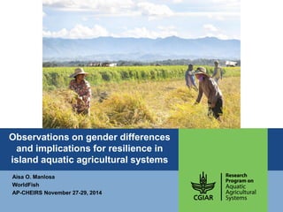 Observations on gender differences and implications for resilience in island aquatic agricultural systems 
Aisa O. Manlosa 
WorldFish 
AP-CHEIRS November 27-29, 2014  