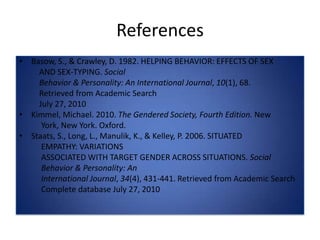 ReferencesBasow, S., & Crawley, D. 1982. HELPING BEHAVIOR: EFFECTS OF SEX          AND SEX-TYPING. Social       Behavior & Personality: An International Journal, 10(1), 68.          Retrieved from Academic Search      July 27, 2010Kimmel, Michael. 2010. The Gendered Society, Fourth Edition. New           York, New York. Oxford.Staats, S., Long, L., Manulik, K., & Kelley, P. 2006. SITUATED           EMPATHY: VARIATIONS ASSOCIATED WITH TARGET GENDER ACROSS SITUATIONS. Social           Behavior & Personality: An International Journal, 34(4), 431-441. Retrieved from Academic Search           Complete database July 27, 2010