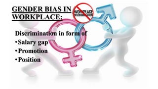 GENDER BIAS IN
WORKPLACE:
Discrimination in form of
•Salary gap
•Promotion
•Position