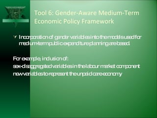Tool 6: Gender-Aware Medium-Term Economic Policy Framework Incorporation of gender variables into the models used for medium-term public expenditure planning are based.  For example, inclusion of: sex-disaggregated variables in the labour market component new variables to represent the unpaid care economy 