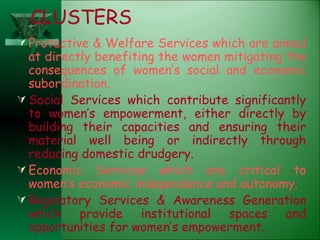 CLUSTERS Protective & Welfare Services which are aimed at directly benefiting the women mitigating the consequences of women’s social and economic subordination. Social Services which contribute significantly to women’s empowerment, either directly by building their capacities and ensuring their material well being or indirectly through reducing domestic drudgery. Economic Services which are critical to women’s economic independence and autonomy. Regulatory Services & Awareness Generation which provide institutional spaces and opportunities for women’s empowerment. 