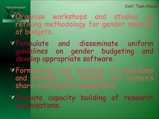 Cont. Task Ahead Organise workshops and studies on refining methodology for gender analysis of budgets. Formulate and disseminate uniform guidelines on gender budgeting and develop appropriate software Formulation and adoption of schedules and formats for working out women’s share in all public expenditure. Promote capacity building of research organisations. 