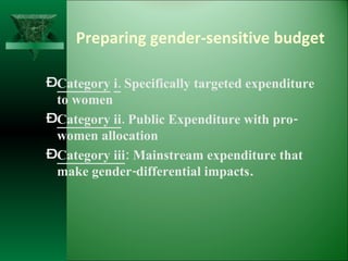 Preparing gender-sensitive budget Category   i.  Specifically targeted expenditure to women Category ii . Public Expenditure with pro-women allocation Category iii : Mainstream expenditure that make gender-differential impacts . 