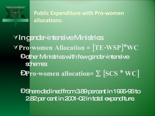 Public Expenditure with Pro-women allocations: In gender-intensive Ministries: Pro-women Allocation = [TE-WSP]*WC other Ministries with few gender-intensive schemes: Pro-women allocation=    [SCS * WC] Share declined from 3.89 percent in 1995-96 to 2.82 per cent in 2001-02 in total expenditure. 