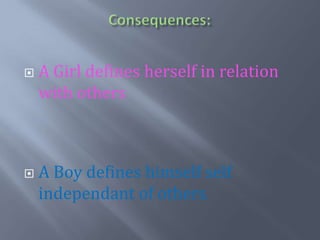Consequences:A Girl definesherself in relation withothersA Boy defineshimself self independant of others.