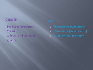 GENDERsexProduced by culture.Variable.A Social and relationalquality.Determined by biology.Permanent (in general…)An individualproperty.