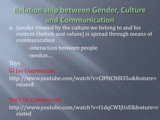 Relation shipbetweenGender, Culture and CommunicationGendercreated by the culture webelong to and his content (beliefs and values) isspreadthroughmeans of communication               -interaction between people               -medias…ToysGI Joe Commercial:http://www.youtube.com/watch?v=C89tCN8l35o&feature=relatedToy’r’Us Commercial:http://www.youtube.com/watch?v=l1dqCWIjUsE&feature=related