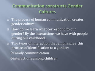 Communication constructsGender CulturesThe process of human communication createsgender culture.How do welearnwhat correspond to ourgender? By the interactions we have with people duringourchildhood.Two types of interaction thatemphasziesthisprocess of identification to a gender:   Family communication   interactions amongchildren