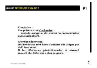 QUELLES DIFFÉRENCES D’USAGES ?                                       #1



              Conclusion :
              Une présence qui s’uniformise…
              … mais des usages et des modes de consommation
              qui se radicalisent.

              Attention néanmoins !
              Les internautes sont libres d’adopter des usages par
              delà leurs sexes.
              Et les différences générationnelles se révèlent
              souvent plus fortes que celles de genre.




                                                                          15
    CELSAMISC & DAGOBERT
 