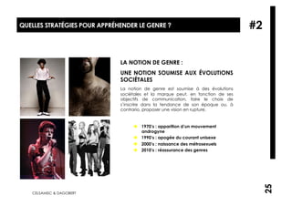 QUELLES STRATÉGIES POUR APPRÉHENDER LE GENRE ?                                   #2


                              LA NOTION DE GENRE :
                              UNE NOTION SOUMISE AUX ÉVOLUTIONS
                              SOCIÉTALES
                              La notion de genre est soumise à des évolutions
                              sociétales et la marque peut, en fonction de ses
                              objectifs de communication, faire le choix de
                              s’inscrire dans la tendance de son époque ou, à
                              contrario, proposer une vision en rupture.


                                     1970’s : apparition d’un mouvement
                                      androgyne
                                     1990’s : apogée du courant unisexe
                                     2000’s : naissance des métrosexuels
                                     2010’s : réassurance des genres




                                                                                      25
   CELSAMISC & DAGOBERT
 