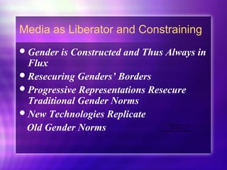 Media as Liberator and Constraining
Gender is Constructed and Thus Always in
Flux
Resecuring Genders’ Borders
Progressive Representations Resecure
Traditional Gender Norms
New Technologies Replicate
Old Gender Norms QuickTime™ and a
decompressor
are needed to see this picture.
 