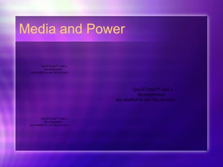 Media and Power
QuickTime™ and a
decompressor
are needed to see this picture.
QuickTime™ and a
decompressor
are needed to see this picture.
QuickTime™ and a
decompressor
are needed to see this picture.
 