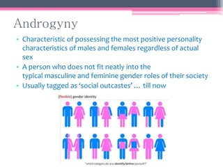 Androgyny
• Characteristic of possessing the most positive personality
characteristics of males and females regardless of actual
sex
• A person who does not fit neatly into the
typical masculine and feminine gender roles of their society
• Usually tagged as ‘social outcastes’ … till now
 