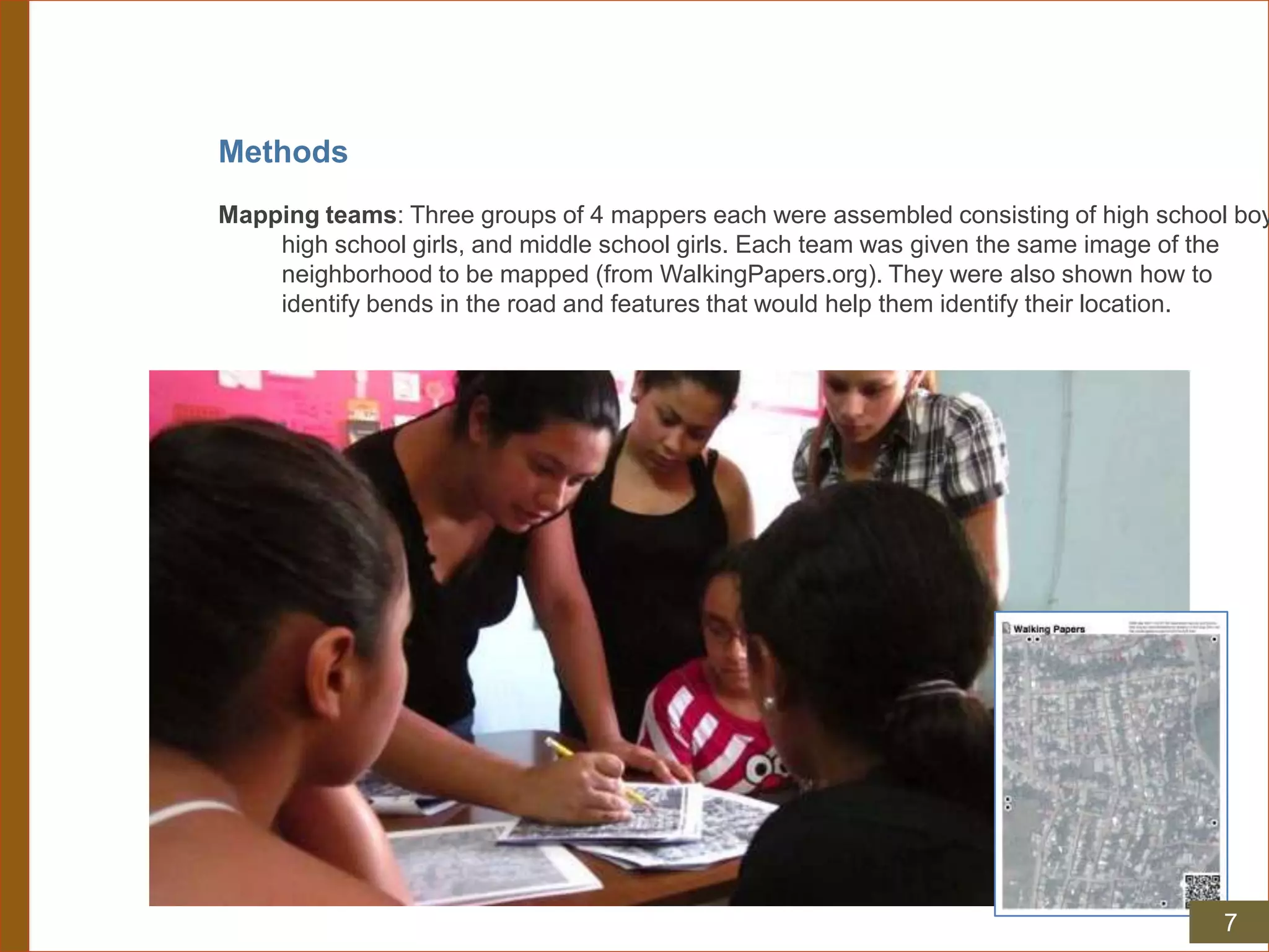 Methods
Mapping teams: Three groups of 4 mappers each were assembled consisting of high school boy
high school girls, and middle school girls. Each team was given the same image of the
neighborhood to be mapped (from WalkingPapers.org). They were also shown how to
identify bends in the road and features that would help them identify their location.
7
 