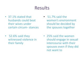 Results
• 37.1% stated that
husbands could beat
their wives under
certain circum- stances
• 52.6% said they
witnessed violence in
their family
• 51.7% said the
women’s environment
should be decided by
the spouses together
• 25% said the women
should engage in sexual
intercourse with their
spouses even if they did
not want to
 