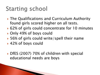 









The Qualifications and Curriculum Authority
found girls scored higher on all tests.
62% of girls could concentrate for 10 minutes
Only 49% of boys could
56% of girls could write/spell their name
42% of boys could
DfES (2007) 70% of children with special
educational needs are boys

 