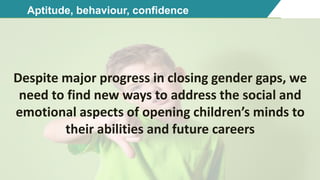 99 Aptitude, behaviour, confidence
Despite major progress in closing gender gaps, we
need to find new ways to address the social and
emotional aspects of opening children’s minds to
their abilities and future careers
 