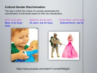 Cultural Gender Discrimination:
The way in which the culture of a society perpetuates the
subordination of individuals based on their sex classification.
Pink: is for girls Barbie's: are for girls Chick flicks: are for girls
Blue: is for boys GI Joe’s: are for boys Actions/Horror: are for
boys
https://www.youtube.com/watch?v=srnaXW9ZgZc
 