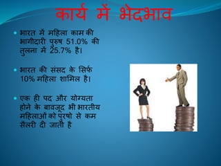 कायि में भेदभाि
 भािि में महिला काम की
भागीदािी पुरुष 51.0% की
िुलना में 25.7% िै।
 भािि की संसद के लसफि
10% महिला शालमल िै।
 एक िी पद औि योग्यिा
िोने के बाििूद भी भाििीय
महिलाओं को पुिषो से कम
सैलिी दी िािी िै
 