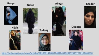 Niqab
Burqa ChadorAbaya
Dupatta
Tudong
Hijab
http://online.wsj.com/news/articles/SB10001424052748704529204576257272103463618
 