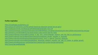Further inspiration
http://closethegap.studiometric.co/
http://www.cmrubinworld.com/the-global-search-for-education-gender-do-we-get-it
http://www.economist.com/blogs/graphicdetail/2013/10/daily-chart-18
http://www.economist.com/news/international/21645759-boys-are-being-outclassed-girls-both-school-and-university-and-gap
http://listverse.com/2014/08/26/10-weird-reasons-why-women-got-the-vote/
http://www.mckinsey.com/Insights/Leading_in_the_21st_century/Gender_balance_and_the_link_to_performance
http://www.mckinsey.com/Insights/Organization/Championing_gender_equality_in_Australia
http://www.mckinsey.com/Insights/Organization/Lessons_from_a_veteran_diversity_advocate
http://www.mckinsey.com/insights/growth/how_advancing_womens_equality_can_add_12_trillion_to_global_growth
http://www.scientificamerican.com/article/how-nations-fare-in-phds-by-sex-interactive/
http://youtu.be/webDIsNF0NI
 
