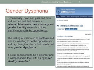 Biosocial view including Gender Dysphoria 1 
Gender Dysphoria 
• Occasionally, boys and girls and men 
and women feel that there is a 
mismatch between their anatomy and 
gender identity so much so they 
identify more with the opposite sex. 
• The feeling of mismatch of anatomy and 
identity, wanting to be the opposite sex 
and psychological discomfort is referred 
to as gender dysphoria. 
• It is still considered to be a disorder and 
is categorised in the DSM as “gender 
identity disorder.” 
 