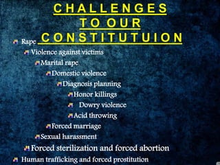C H A L L E N G E S
T O O U R
C O N S T I T U T U I O NRape
Violence against victims
Marital rape
Domestic violence
Diagnosis planning
Honor killings
Dowry violence
Acid throwing
Forced marriage
Sexual harassment
Forced sterilization and forced abortion
Human trafficking and forced prostitution
 