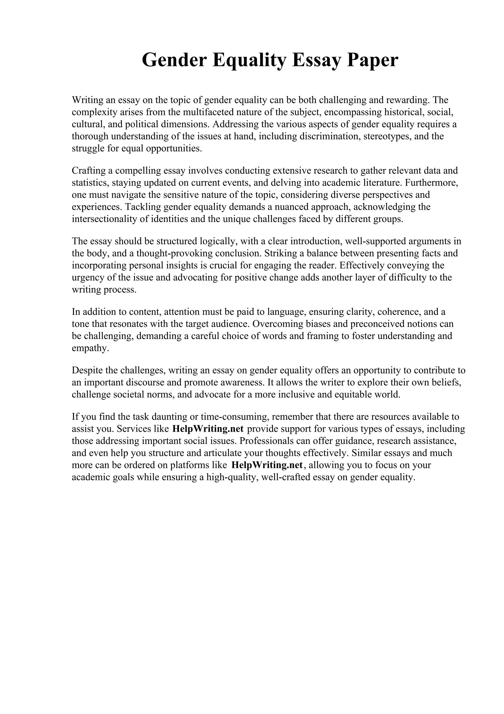 Gender Equality Essay Paper. Mississippi Valley State University | PDF