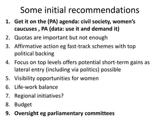 Some initial recommendations
1. Get it on the (PA) agenda: civil society, women’s
   caucuses , PA (data: use it and demand it)
2. Quotas are important but not enough
3. Affirmative action eg fast-track schemes with top
   political backing
4. Focus on top levels offers potential short-term gains as
   lateral entry (including via politics) possible
5. Visibility opportunities for women
6. Life-work balance
7. Regional initiatives?
8. Budget
9. Oversight eg parliamentary committees
 