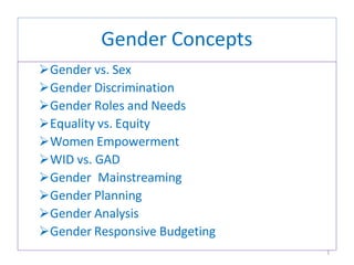 Gender Concepts
Gender vs. Sex
Gender Discrimination
Gender Roles and Needs
Equality vs. Equity
Women Empowerment
WID vs. GAD
Gender Mainstreaming
Gender Planning
Gender Analysis
Gender Responsive Budgeting
1
 