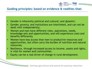 Guiding principles: based on evidence & realities that:
 Gender is inherently political and cultural; and dynamic;
 Gender, poverty, and institutions are interlinked, and can not be
dealt with independently;
 Women and men have different roles, aspirations, needs,
knowledge sets and opportunities; and will experience costs and
benefits differently
 Women have less access than men to productive resources and
opportunities, but often carry the burden of nutrition and natural
resources;
 Resilience, through increased access to income, assets and rights,
is vital for women and communities.
 Equity can be a real driver of change in rural development.
 