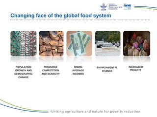 Changing face of the global food system
POPULATION
GROWTH AND
DEMOGRAPHIC
CHANGE
RISING
AVERAGE
INCOMES
RESOURCE
COMPETITION
AND SCARCITY
INCREASED
INEQUITY
ENVIRONMENTAL
CHANGE
 