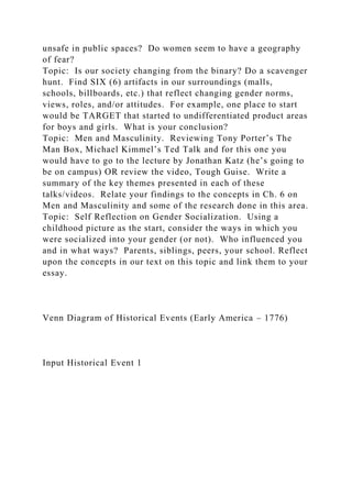 unsafe in public spaces? Do women seem to have a geography
of fear?
Topic: Is our society changing from the binary? Do a scavenger
hunt. Find SIX (6) artifacts in our surroundings (malls,
schools, billboards, etc.) that reflect changing gender norms,
views, roles, and/or attitudes. For example, one place to start
would be TARGET that started to undifferentiated product areas
for boys and girls. What is your conclusion?
Topic: Men and Masculinity. Reviewing Tony Porter’s The
Man Box, Michael Kimmel’s Ted Talk and for this one you
would have to go to the lecture by Jonathan Katz (he’s going to
be on campus) OR review the video, Tough Guise. Write a
summary of the key themes presented in each of these
talks/videos. Relate your findings to the concepts in Ch. 6 on
Men and Masculinity and some of the research done in this area.
Topic: Self Reflection on Gender Socialization. Using a
childhood picture as the start, consider the ways in which you
were socialized into your gender (or not). Who influenced you
and in what ways? Parents, siblings, peers, your school. Reflect
upon the concepts in our text on this topic and link them to your
essay.
Venn Diagram of Historical Events (Early America – 1776)
Input Historical Event 1
 