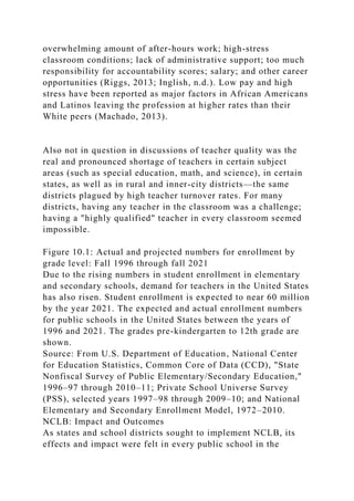 overwhelming amount of after-hours work; high-stress
classroom conditions; lack of administrative support; too much
responsibility for accountability scores; salary; and other career
opportunities (Riggs, 2013; Inglish, n.d.). Low pay and high
stress have been reported as major factors in African Americans
and Latinos leaving the profession at higher rates than their
White peers (Machado, 2013).
Also not in question in discussions of teacher quality was the
real and pronounced shortage of teachers in certain subject
areas (such as special education, math, and science), in certain
states, as well as in rural and inner-city districts—the same
districts plagued by high teacher turnover rates. For many
districts, having any teacher in the classroom was a challenge;
having a "highly qualified" teacher in every classroom seemed
impossible.
Figure 10.1: Actual and projected numbers for enrollment by
grade level: Fall 1996 through fall 2021
Due to the rising numbers in student enrollment in elementary
and secondary schools, demand for teachers in the United States
has also risen. Student enrollment is expected to near 60 million
by the year 2021. The expected and actual enrollment numbers
for public schools in the United States between the years of
1996 and 2021. The grades pre-kindergarten to 12th grade are
shown.
Source: From U.S. Department of Education, National Center
for Education Statistics, Common Core of Data (CCD), "State
Nonfiscal Survey of Public Elementary/Secondary Education,"
1996–97 through 2010–11; Private School Universe Survey
(PSS), selected years 1997–98 through 2009–10; and National
Elementary and Secondary Enrollment Model, 1972–2010.
NCLB: Impact and Outcomes
As states and school districts sought to implement NCLB, its
effects and impact were felt in every public school in the
 