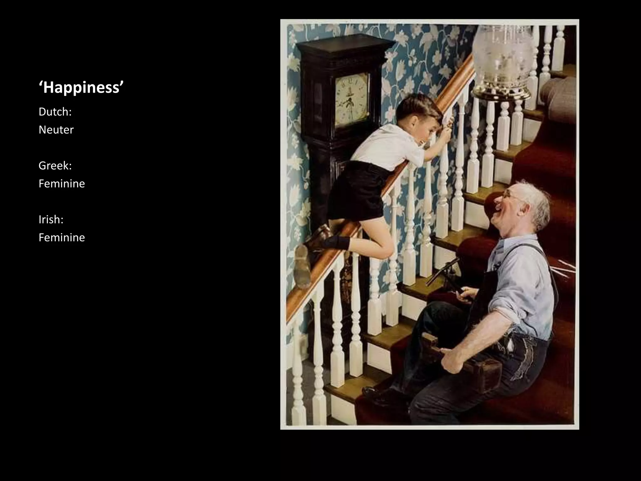 ‘Happiness’
Dutch:
Neuter
Greek:
Feminine
Irish:
Feminine
 