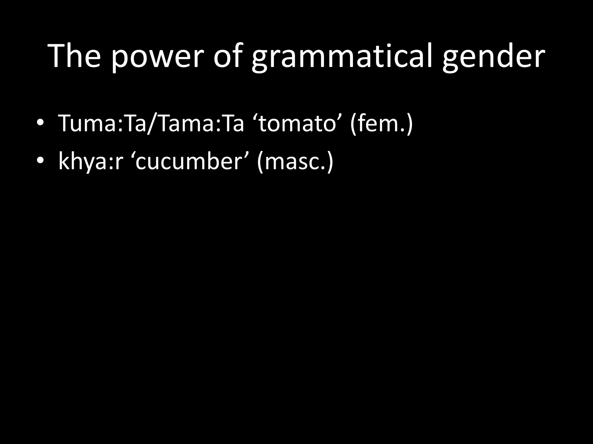 The power of grammatical gender
• Tuma:Ta/Tama:Ta ‘tomato’ (fem.)
• khya:r ‘cucumber’ (masc.)
 