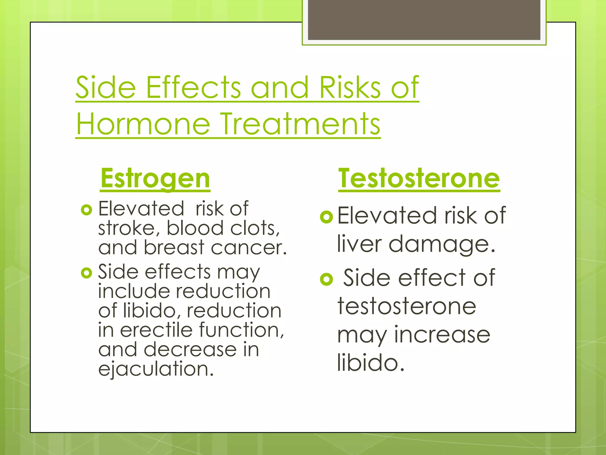 Side Effects and Risks of
Hormone Treatments
  Estrogen                 Testosterone
 Elevated    risk of      Elevated risk of
  stroke, blood clots,
  and breast cancer.       liver damage.
 Side effects may         Side effect of
  include reduction
  of libido, reduction     testosterone
  in erectile function,    may increase
  and decrease in
  ejaculation.             libido.
 