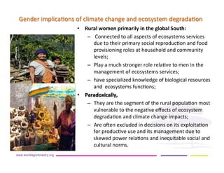 •  Rural	women	primarily	in	the	global	South:	
–  	Connected	to	all	aspects	of	ecosystems	services	
due	to	their	primary	social	reproduc5on	and	food	
provisioning	roles	at	household	and	community	
levels;	
–  Play	a	much	stronger	role	rela5ve	to	men	in	the	
management	of	ecosystems	services;	
–  have	specialized	knowledge	of	biological	resources	
and		ecosystems	func5ons;	
•  Paradoxically,		
–  They	are	the	segment	of	the	rural	popula5on	most	
vulnerable	to	the	nega5ve	eﬀects	of	ecosystem	
degrada5on	and	climate	change	impacts;	
–  Are	o@en	excluded	in	decisions	on	its	exploita5on	
for	produc5ve	use	and	its	management	due	to	
skewed	power	rela5ons	and	inequitable	social	and	
cultural	norms.	
Gender	implica5ons	of	climate	change	and	ecosystem	degrada5on	
 