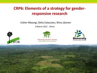 CRP6: Elements of a strategy for gender-
         responsive research
   Esther Mwangi, Delia Catacutan, Riina Jalonen
                8 March 2012 - Rome




                                           THINKING beyond the canopy
 