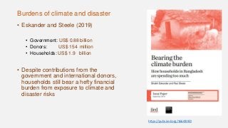Burdens of climate and disaster
• Eskander and Steele (2019)
• Government: US$ 0.88 billion
• Donors: US$ 154 million
• Ho...