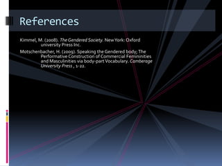 Kimmel, M. (2008). The Gendered Society. New York: Oxford 	university Press Inc.Motschenbacher, H. (2009). Speaking the Gendered body; The PerformativeConstruction of Commercial Femininities 	and Masculinities via body-part Vocabulary. Camberage	University Press, 1-22. References