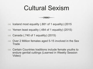 Cultural Sexism
 Iceland most equality (.881 of 1 equality) (2015
 Yemen least equality (.484 of 1 equality) (2015)
 Canada (.740 of 1 equality) (2015)
 Over 2 Million females aged 5-15 involved in the Sex
Trade
 Certain Countries traditions include female youths to
endure genital cuttings (Learned in Weekly Session
Video)
 