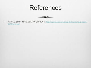 References
 Rankings. (2015). Retrieved April 01, 2016, from http://reports.weforum.org/global-gender-gap-report-
2015/rankings/
 