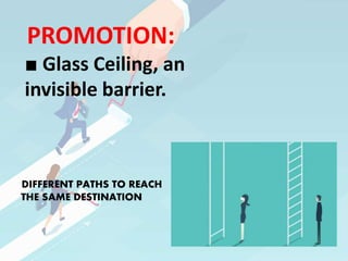 PROMOTION:
■ Glass Ceiling, an
invisible barrier.
DIFFERENT PATHS TO REACH
THE SAME DESTINATION
 