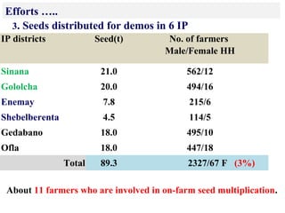 Efforts …..
IP districts Seed(t) No. of farmers
Male/Female HH
Sinana 21.0 562/12
Gololcha 20.0 494/16
Enemay 7.8 215/6
Shebelberenta 4.5 114/5
Gedabano 18.0 495/10
Ofla 18.0 447/18
Total 89.3 2327/67 F (3%)
3. Seeds distributed for demos in 6 IP
About 11 farmers who are involved in on-farm seed multiplication.
 