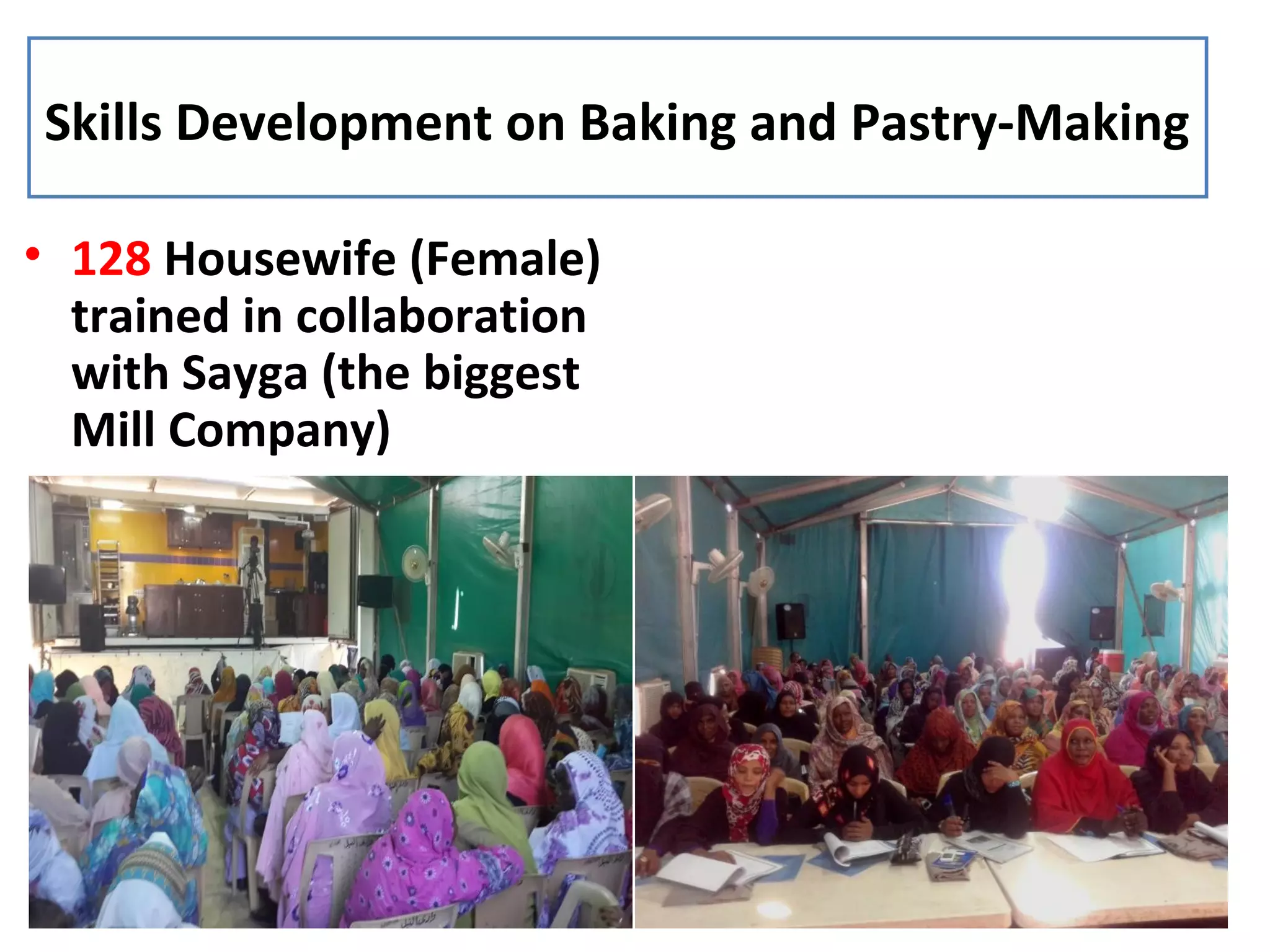Skills Development on Baking and Pastry-Making
• 128 Housewife (Female)
trained in collaboration
with Sayga (the biggest
Mill Company)
 