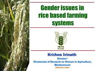 Gender issues in
rice based farming
systems
Krishna Srinath
Director*
Directorate of Research on Women in Agriculture,
Bhubaneswar
(Retired in 2013)*
 