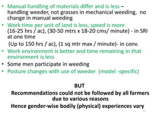 • Manual handling of materials differ and is less –
handling weeder, not grasses in mechanical weeding, no
change in manual weeding
• Work time per unit of land is less, speed is more
(16-25 hrs / ac), (30-50 mtrs x 18-20 cms/ minute) - in SRI
at one time
(Up to 150 hrs / ac), (1 sq mtr max / minute)- in conv.
• Work environment is better and time remaining in that
environment is less
• Some men participate in weeding
• Posture changes with use of weeder (model -specific)
BUT
Recommendations could not be followed by all farmers
due to various reasons
Hence gender-wise bodily (physical) experiences vary
17
 
